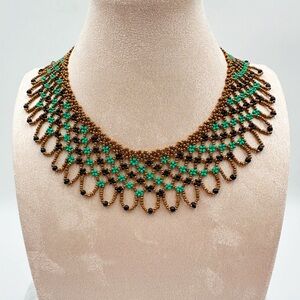 Vintage Black Turquoise and Gold Glass Seed Bead Collar Choker 14” Necklace